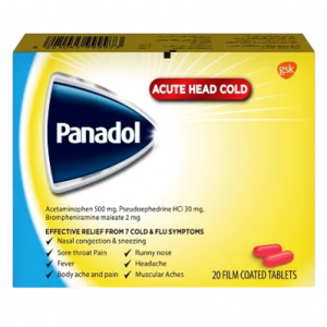 PANADOL ACUTE HEAD COLD ( ACETAMINOPHEN + PSEUDOEPHEDRINE HCL + BROMPHENIRAMINE MALEATE ) 20 FILM-COATED TABLETS
